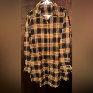 Butterscotch and black flannel “shacket”. Tunic length with pockets.